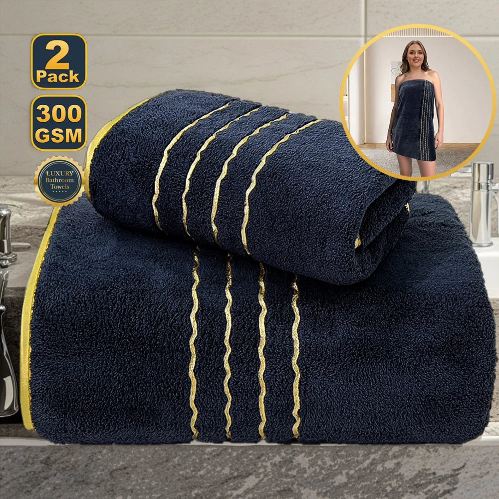 Soft Absorbent Polyester Bath Towel Set with Gold Accents