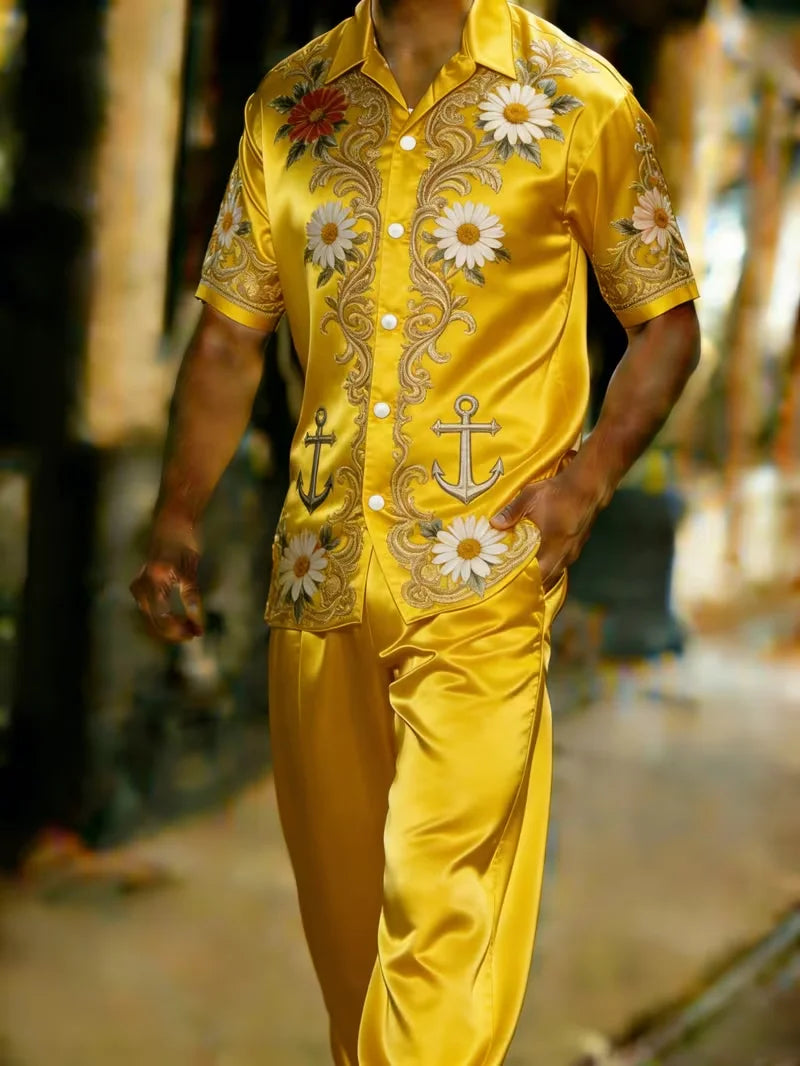 Men's Baroque Print Short Sleeve Shirt and Pants Two Piece Set