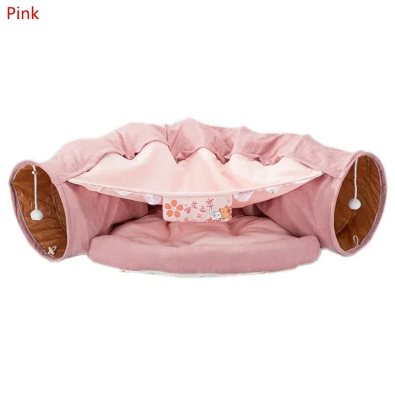 Collapsible 2-Way Cat Tunnel Bed with Mat