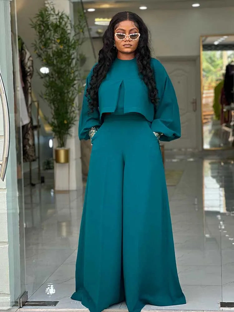 Women's Lantern Sleeve Round Neck Top and Wide Leg Pants Two-Piece Set