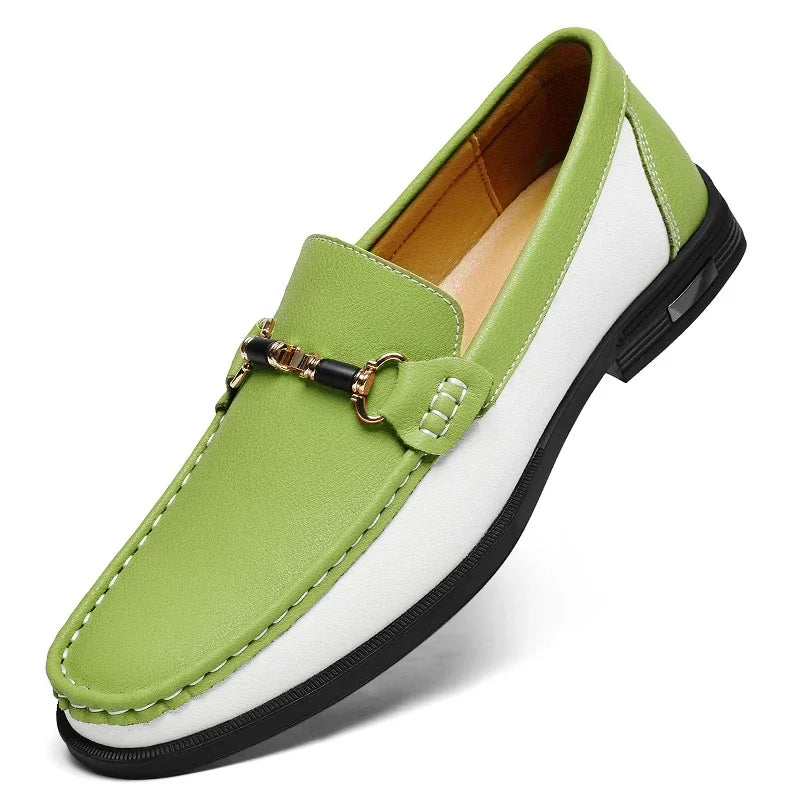 Men's Genuine Leather Slip-On Loafers with Metal Buckle