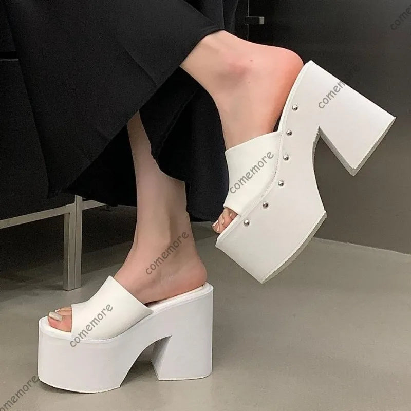Women's Studded Platform Mules Open Toe Chunky Heel Slides