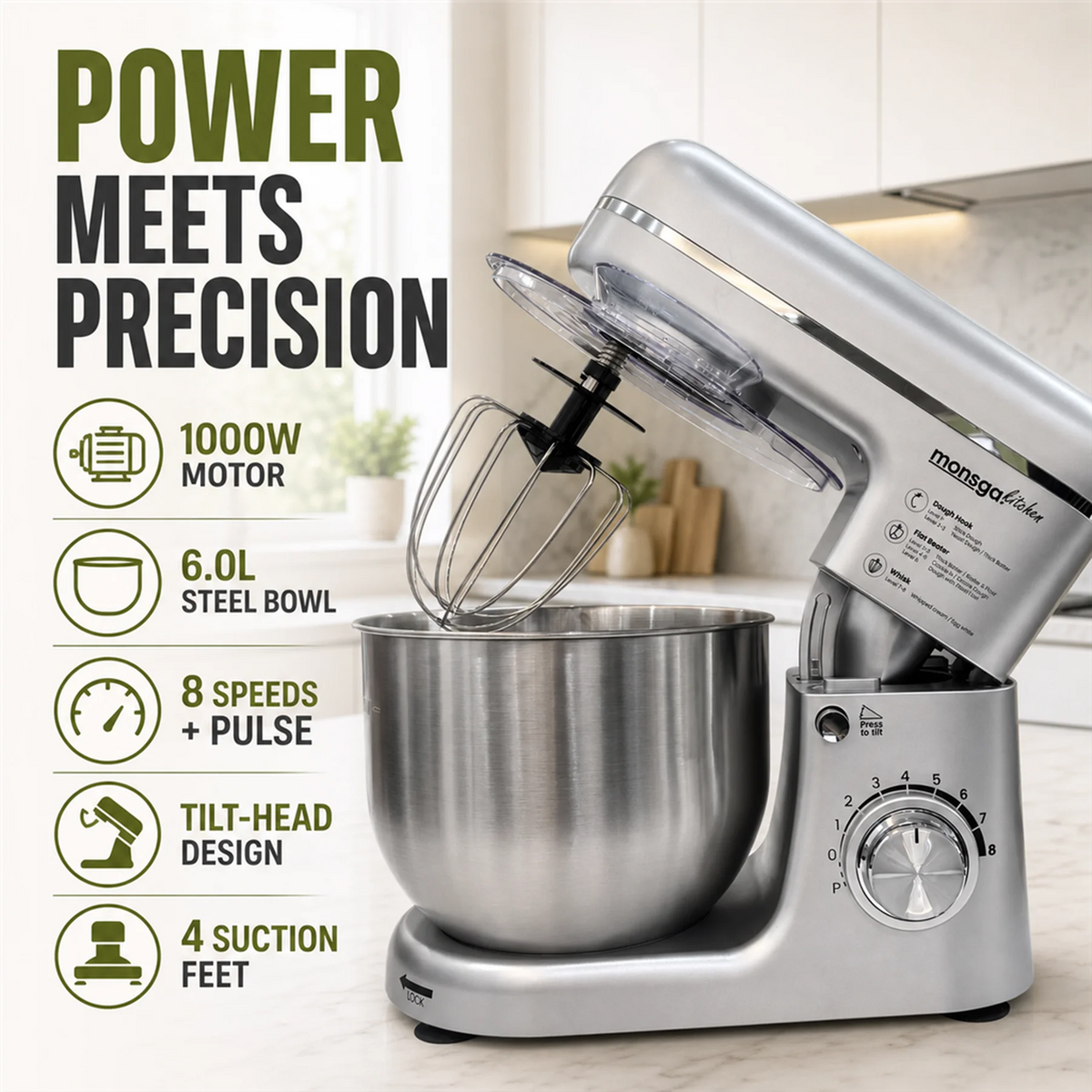 Electric 8-Speed Tilt-Head Stand Mixer and Blender 1000W