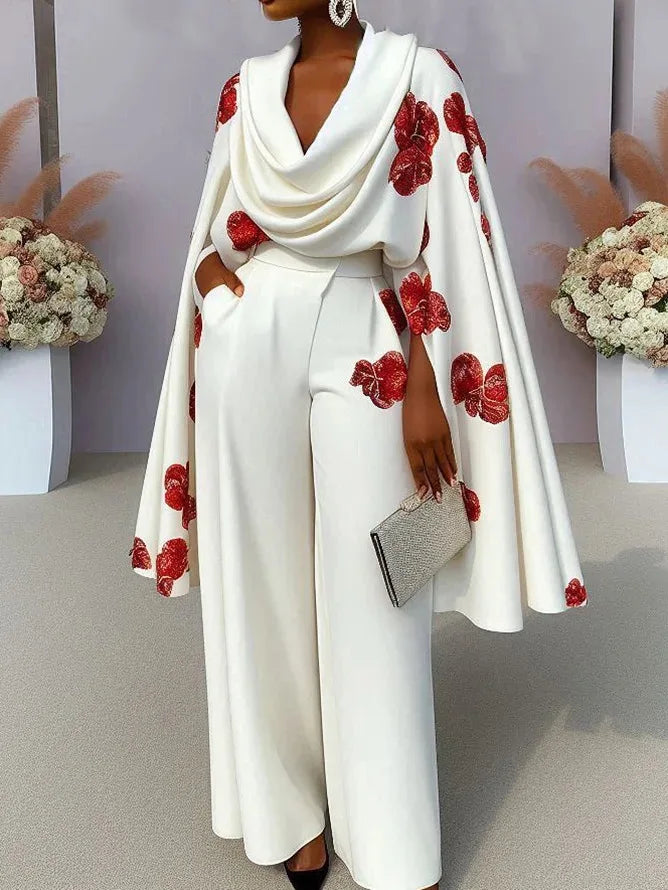Women's Floral Print Cape Sleeve Pleated Top and Wide Leg Pants Two-Piece Set