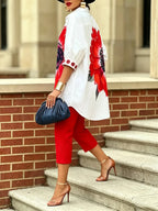 Women's Vintage Floral Print Shirt and Slim Pants 2-Piece Set