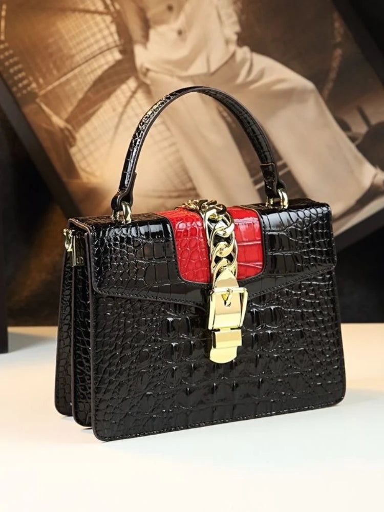 Women's Crocodile Pattern Genuine Leather Handbag Shoulder Tote Bag