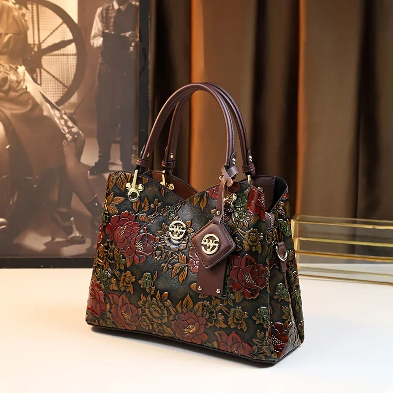 Women's Vintage Floral PU Leather Tote Crossbody Bag