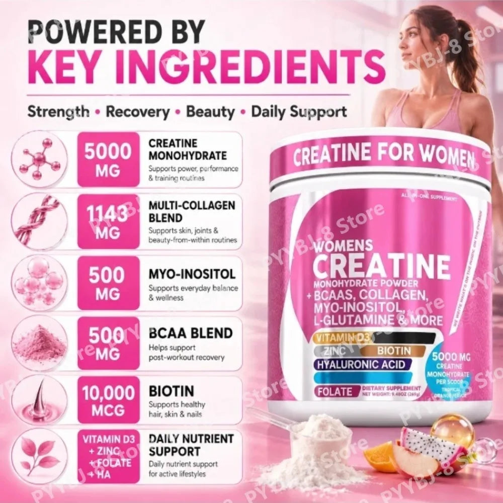 Women's Creatine Monohydrate BCAA Multi-Collagen Biotin Vitamin D3 Tropical Orange Powder
