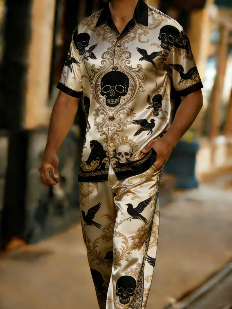 Men's 3D Print Short Sleeve Shirt and Pants Two Piece Set
