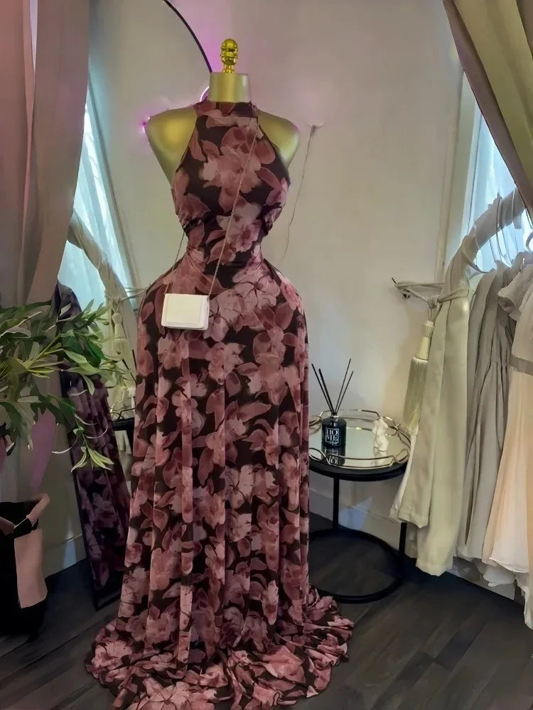 Women's Floral Print O-Neck Mermaid Maxi Dress