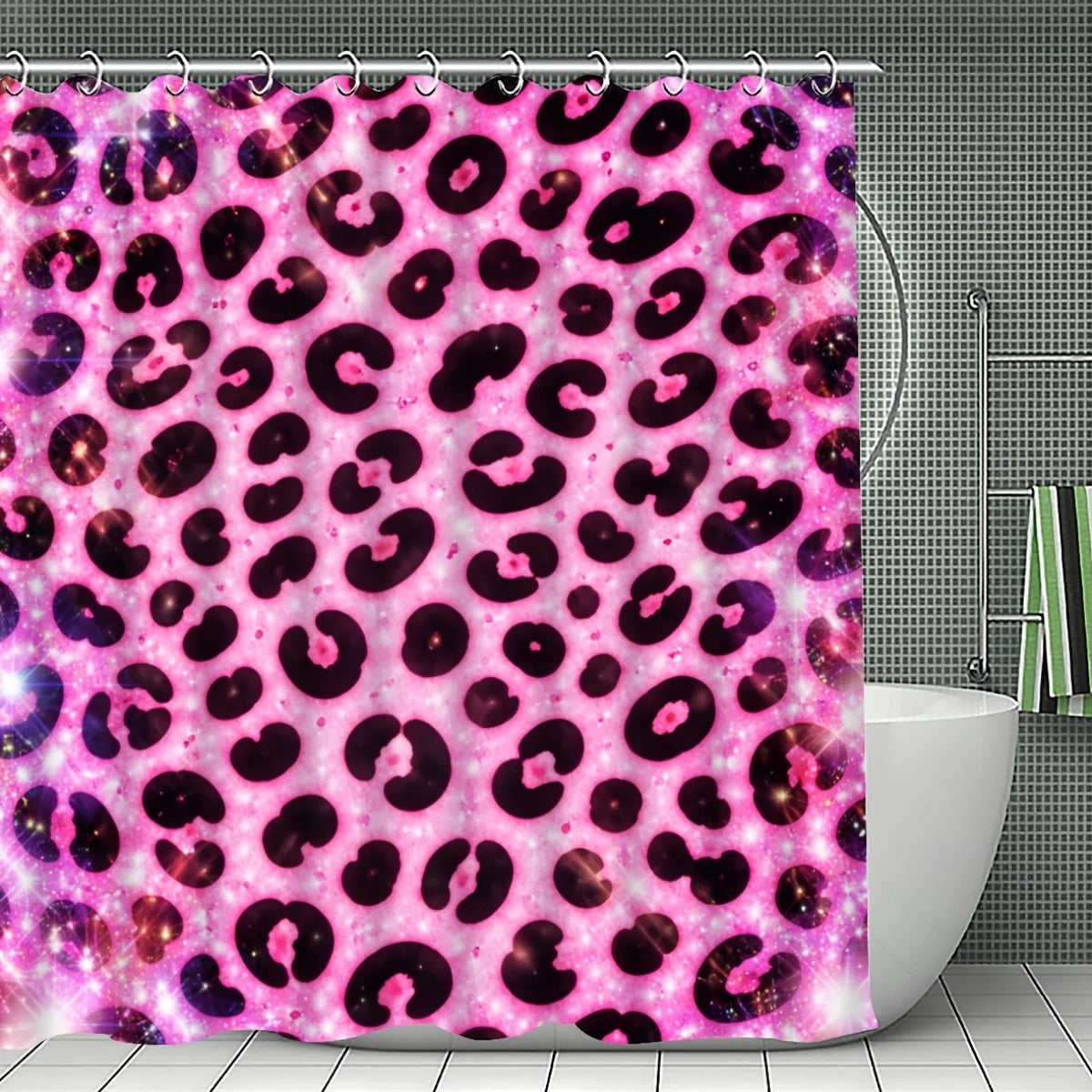 Pink Leopard Galaxy Shower Curtain Set