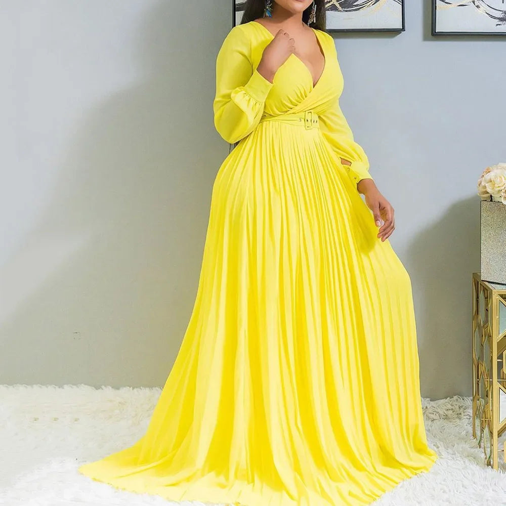 Women's Elegant V-Neck Long Sleeve Pleated Maxi Dress