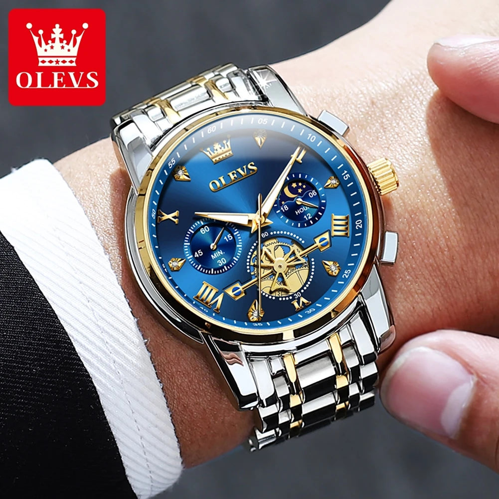Men's Quartz Skeleton Chronograph Watch with Moon Phase