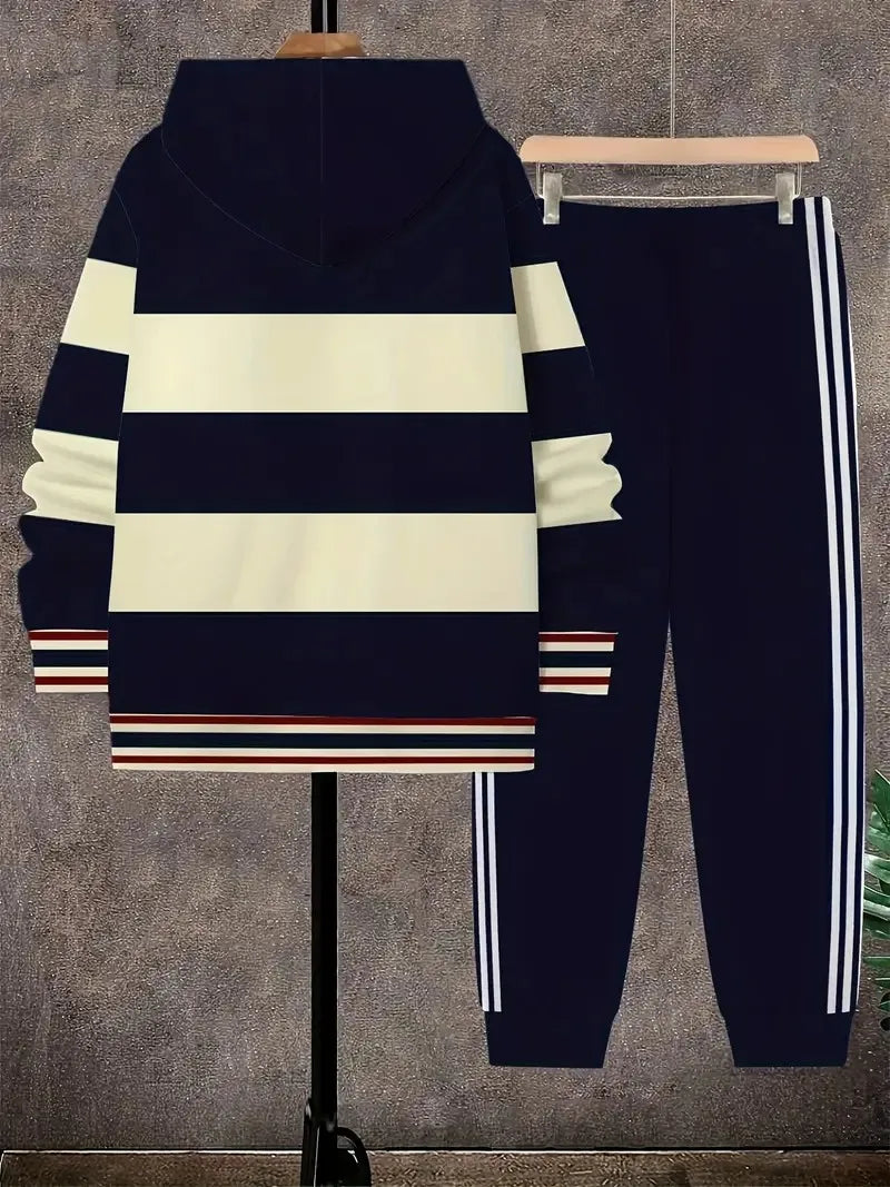 Men's 3D Striped Pattern Print Hoodie and Pants Two-Piece Set