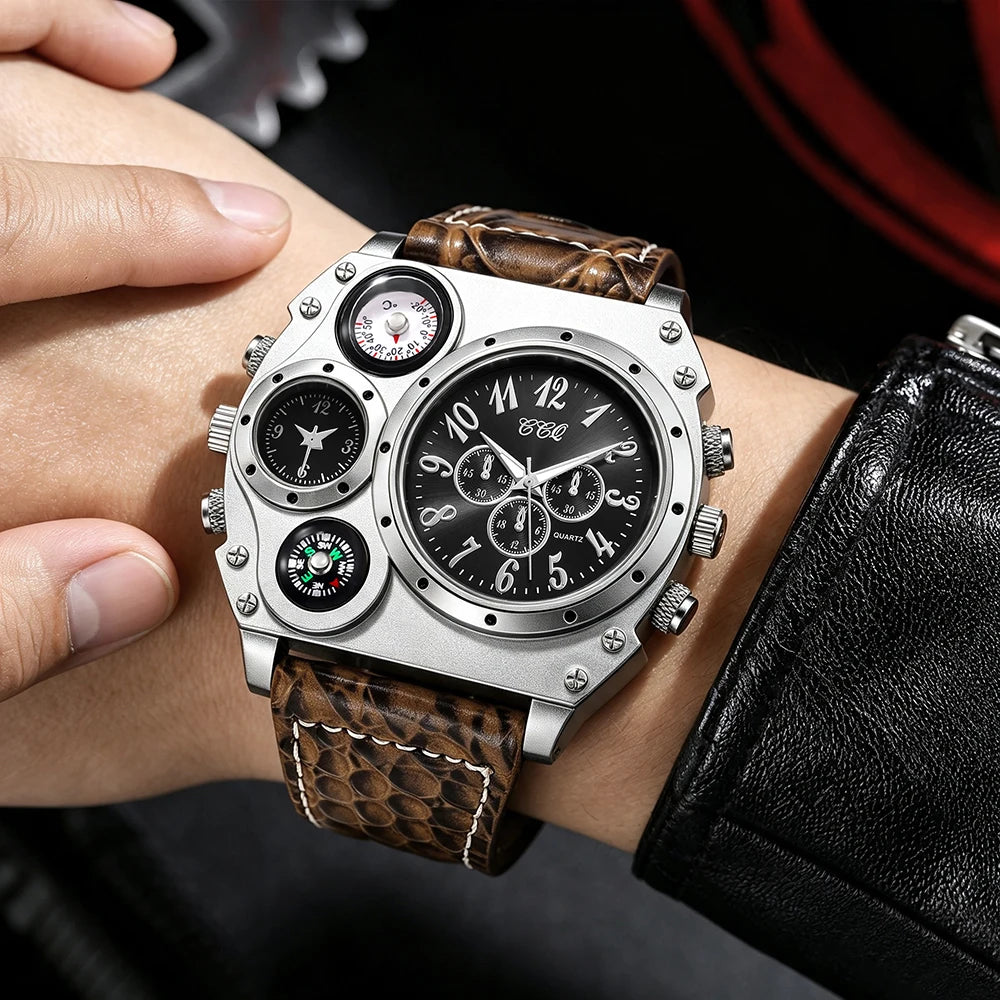 Men's Round Dial Quartz Leather Watch
