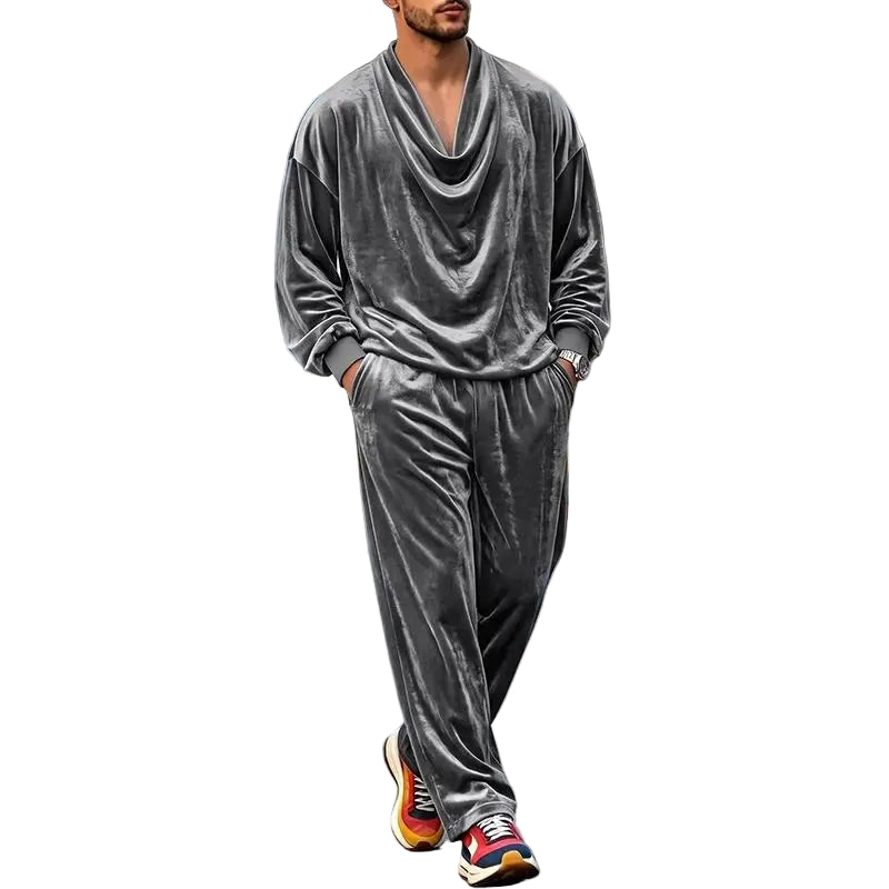 Men's Solid Color Velour Pleated Long Sleeve Two Piece Set
