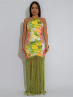 Women's Printed Halter Neck Backless Fringed Dress