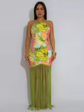 Women's Printed Halter Neck Backless Fringed Dress