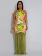 Women's Printed Halter Neck Backless Fringed Dress