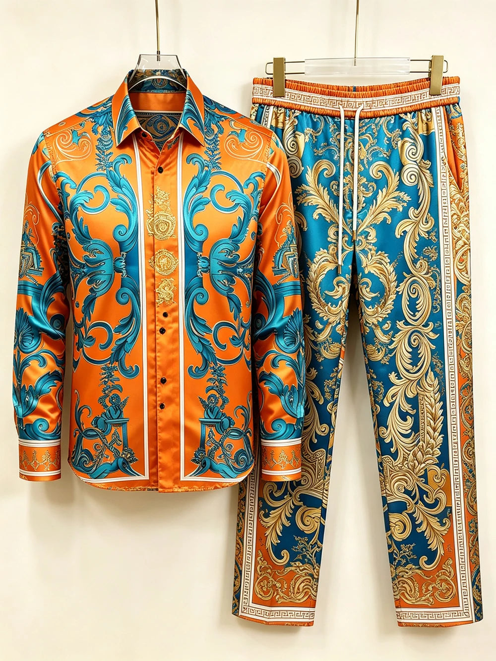Men's Baroque Print Short Sleeve Shirt and Pants Two Piece Set
