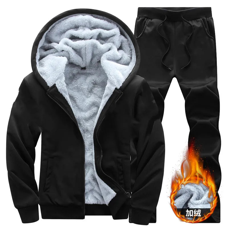 Men's Winter Hooded Plush Thickened Two Piece Set