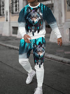 Men's Faux-Zipper Print Sweatshirt and Pants Two-Piece Set