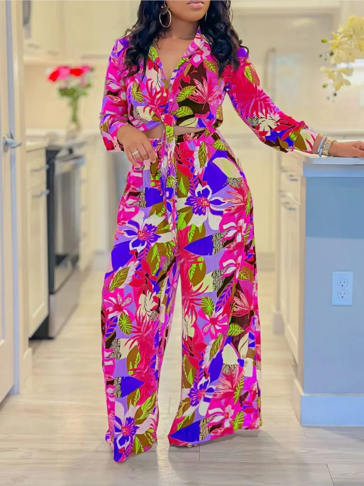 Women's Printed Long Sleeve Lace-Up Top and Straight Pants Two-Piece Set