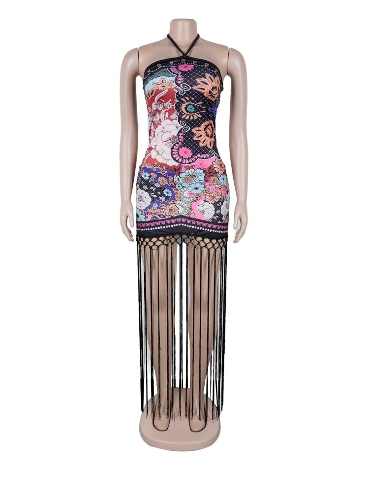 Women's Printed Halter Neck Backless Fringed Dress