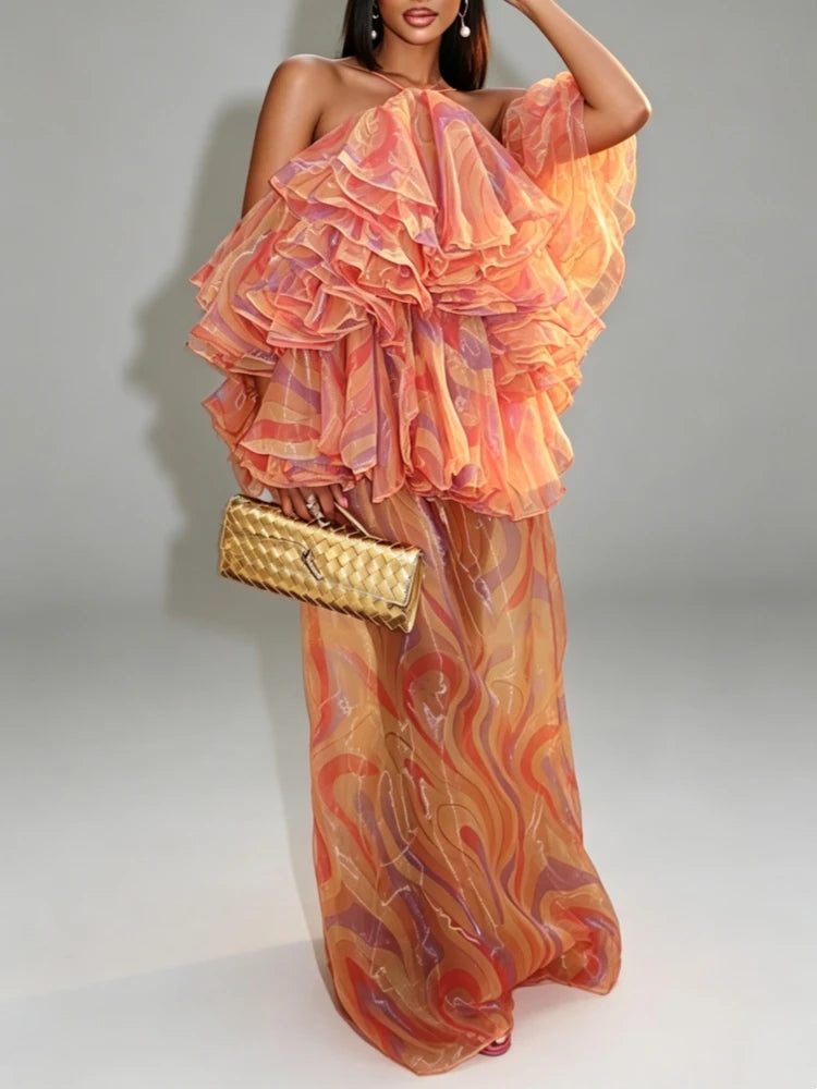 Women's Halter Off Shoulder Ruffle Maxi Dress