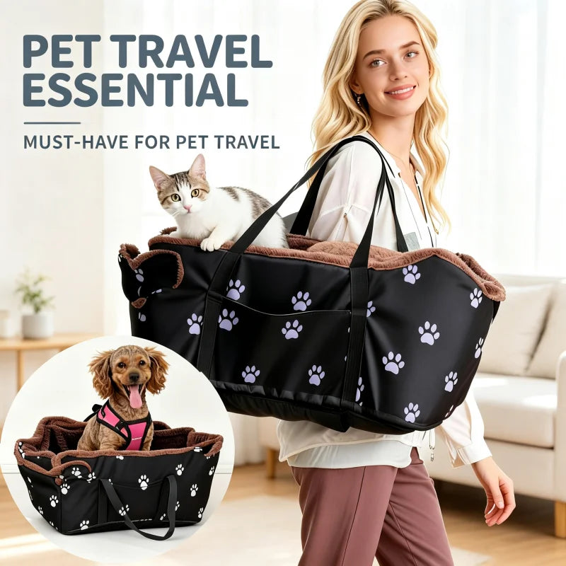 Portable Paw Print Small Dog Cat Car Booster Seat Carrier
