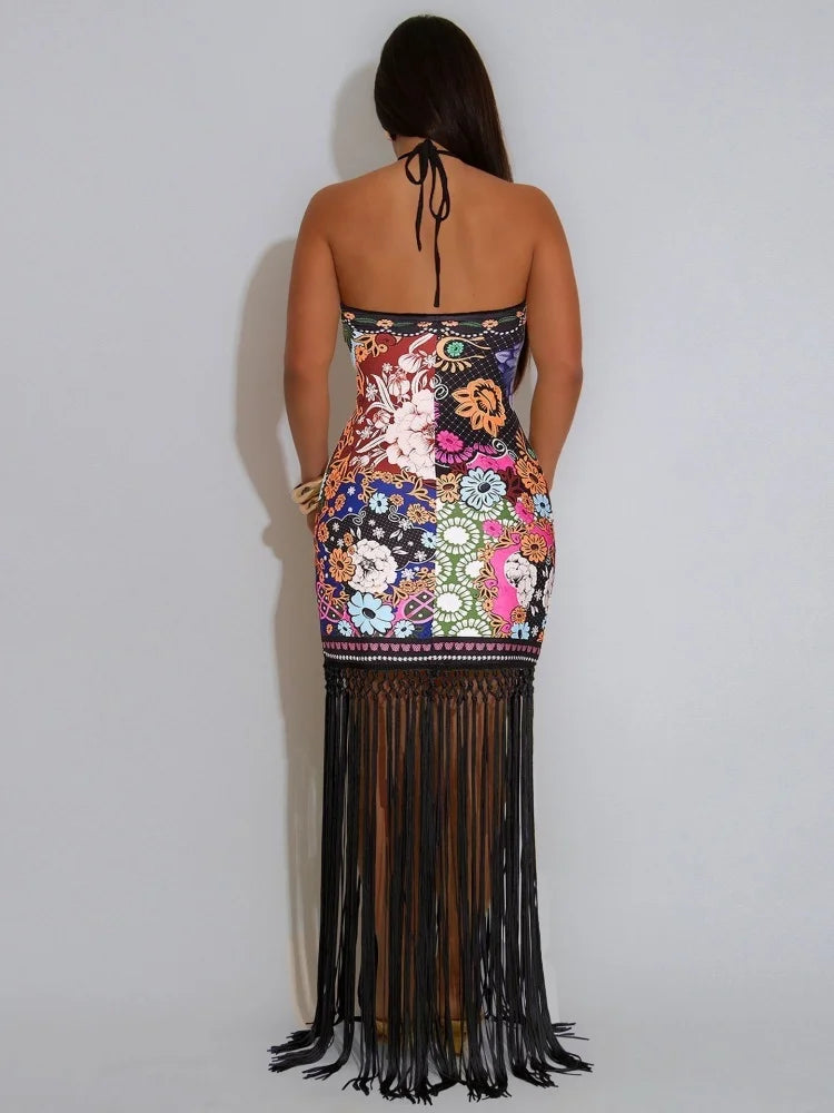 Women's Printed Halter Neck Backless Fringed Dress