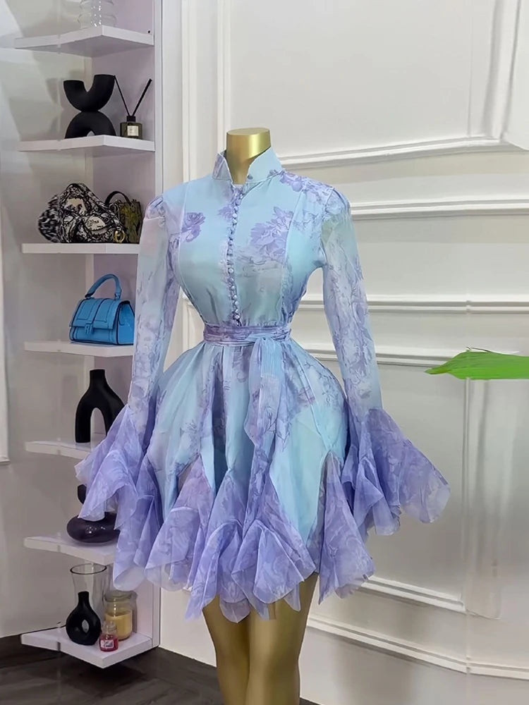 Women's Vintage Floral Lantern-Sleeve A-Line Short Dress