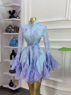 Women's Vintage Floral Lantern-Sleeve A-Line Short Dress