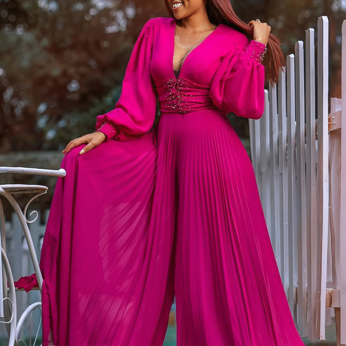 Women's African Fashion Long Sleeve V-Neck Ankara Jumpsuit