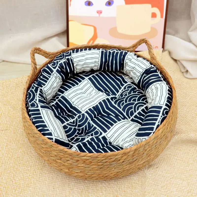 Rattan Weaving Cat Basket Bed with Cushion for Cats Dogs