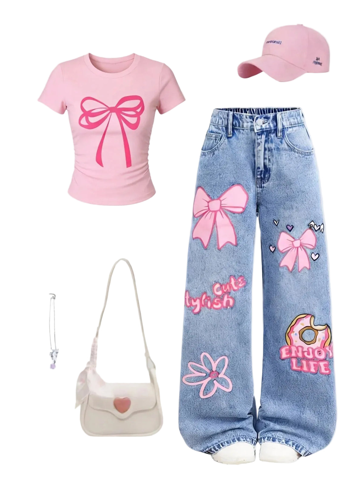 Girls' Bow-Print Cropped Tee and Wide-Leg Pants 2-Piece Set