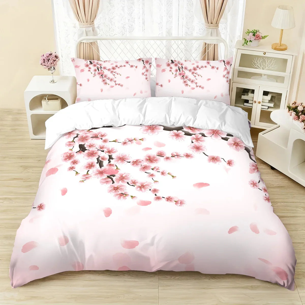 Cherry Blossom Print Duvet Cover Set with Pillowcases