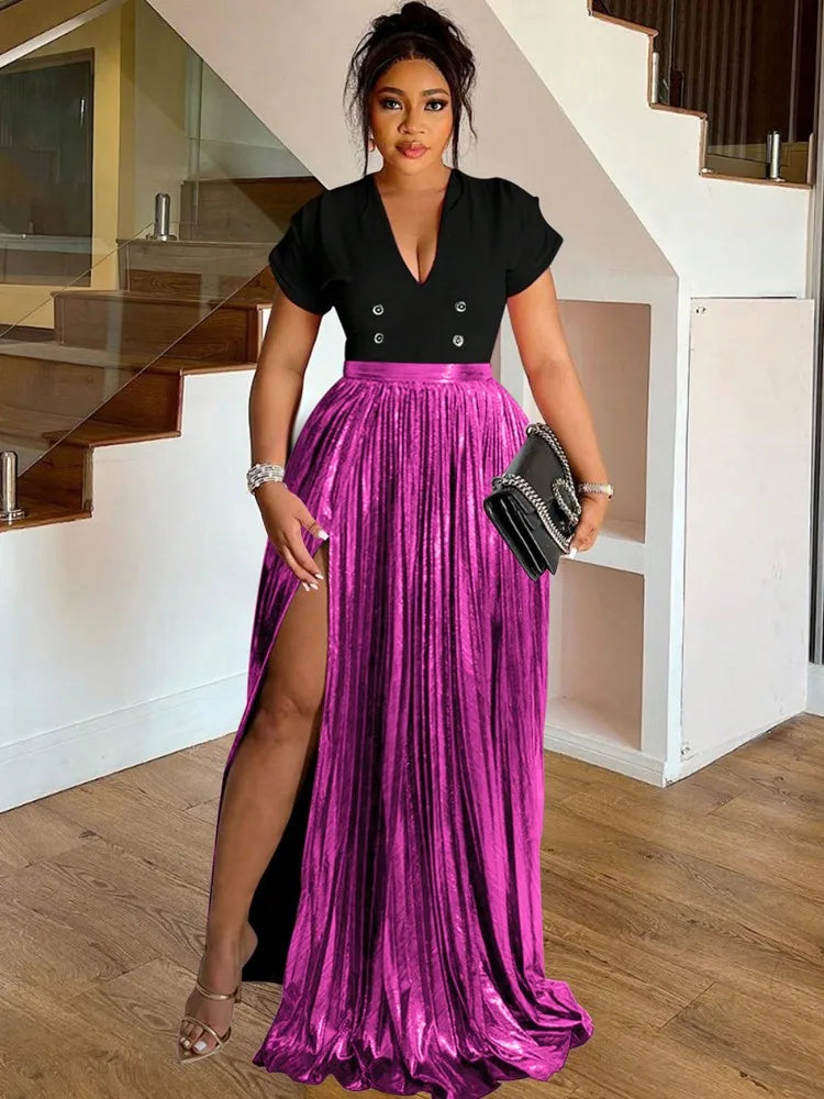 Women's High Waist Slit Pleated Maxi Skirt