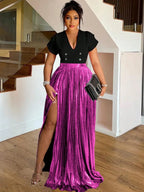 Women's High Waist Slit Pleated Maxi Skirt