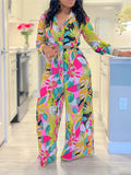 Women's Printed Long Sleeve Lace-Up Top and Straight Pants Two-Piece Set