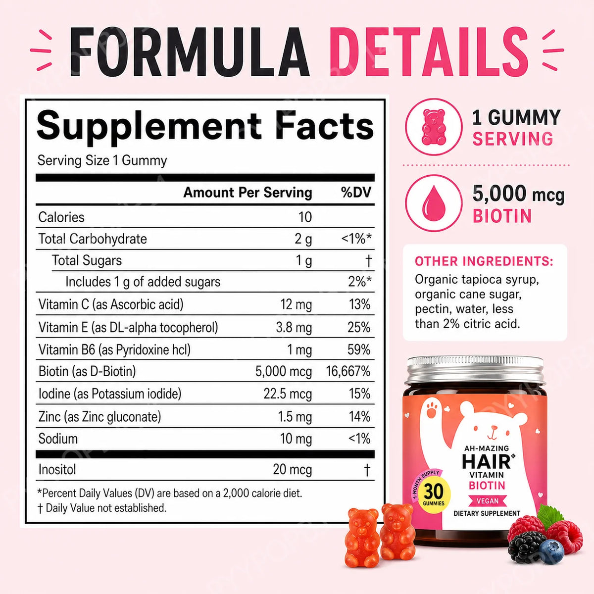 Biotin Gummies 5000 mcg Hair Skin Nails Support Vegan 30 Count