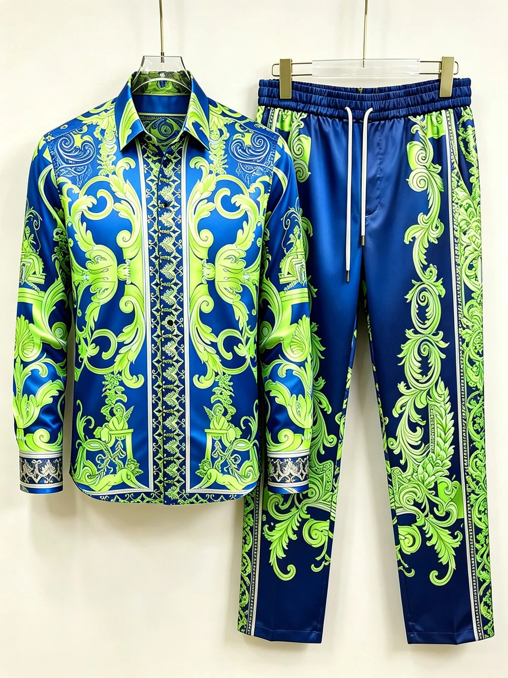 Men's Baroque Print Short Sleeve Shirt and Pants Two Piece Set