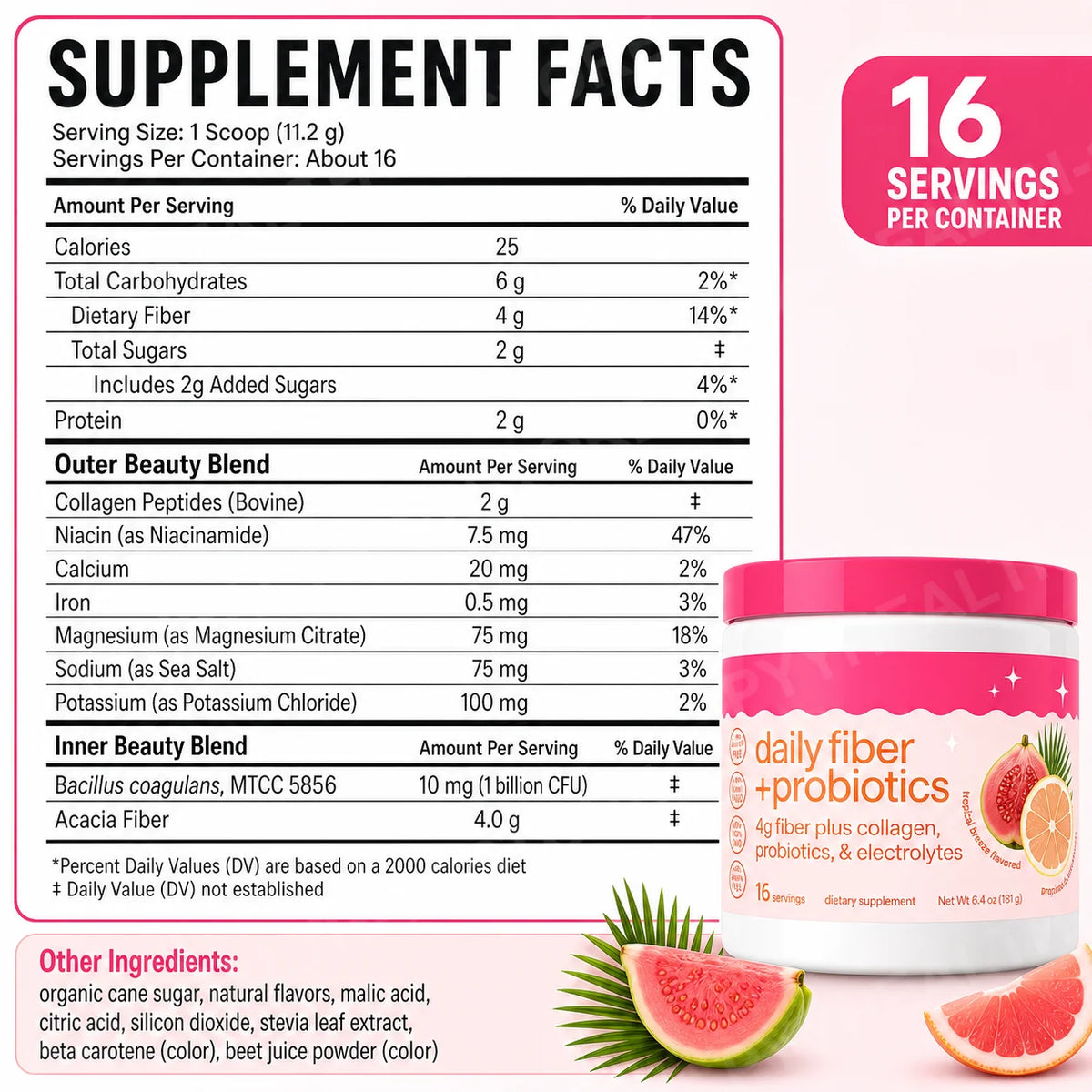 Fiber Probiotics Powder Acacia Collagen Peptides Electrolytes Tropical Breeze 16 Servings
