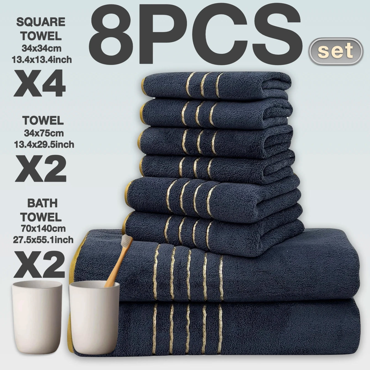 Soft Absorbent Polyester Bath Towel Set with Gold Accents