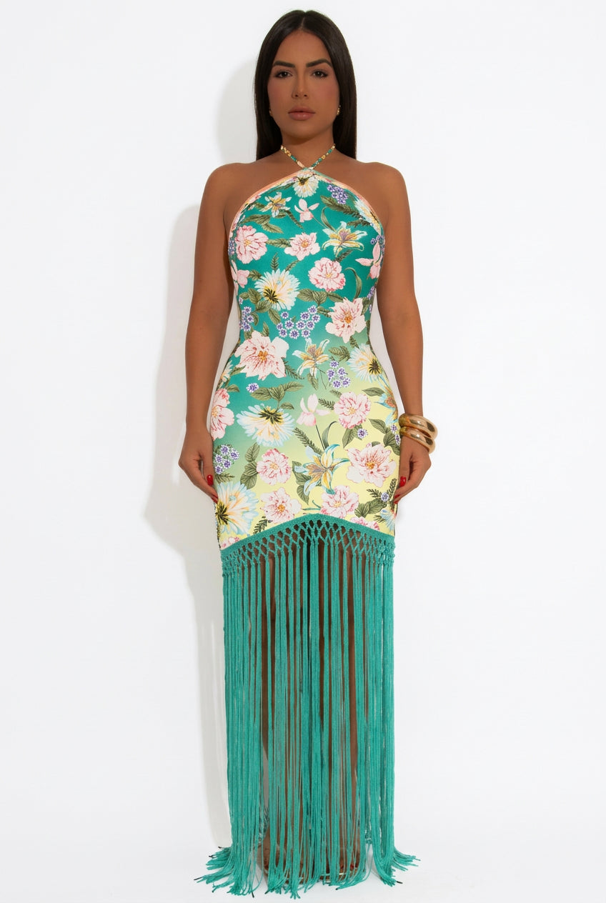 Women's Printed Halter Neck Backless Fringed Dress