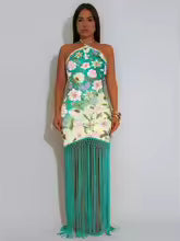 Women's Printed Halter Neck Backless Fringed Dress
