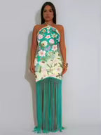 Women's Printed Halter Neck Backless Fringed Dress