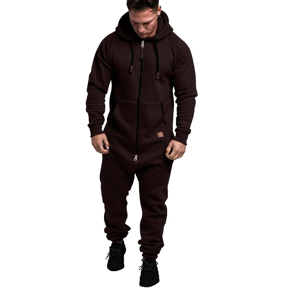 Men's Solid Hooded Fleece Jumpsuit Set
