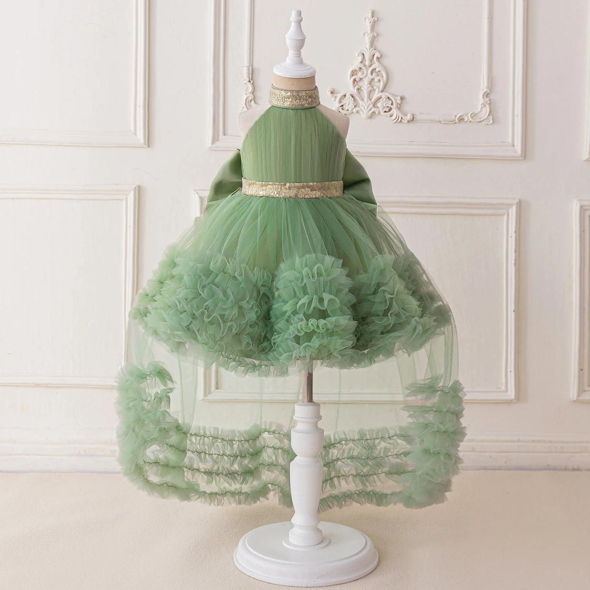 Girls' Sleeveless Princess Dress with Big Bow and Trailing Mesh