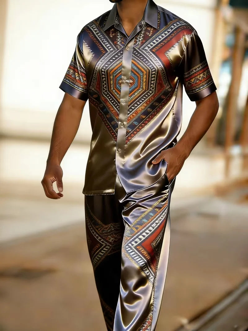 Men's Baroque Print Short Sleeve Shirt and Pants Two Piece Set